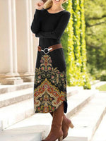 Black Floral Printed Round Neck Midi Dress