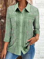 Geometric Print Shirt Collar 3/4 Sleeve Loose Shirt