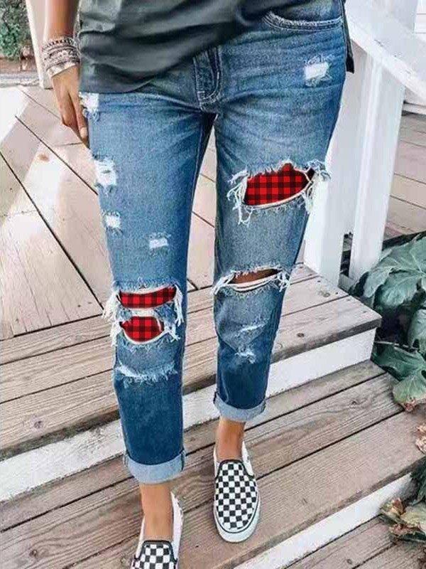 Casual Plaid Print Jeans for Women
