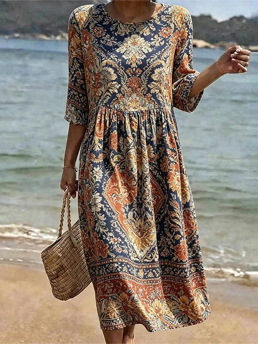Ethnic Floral Round Neck 3/4 Sleeve Gathered Waist Midi Dress