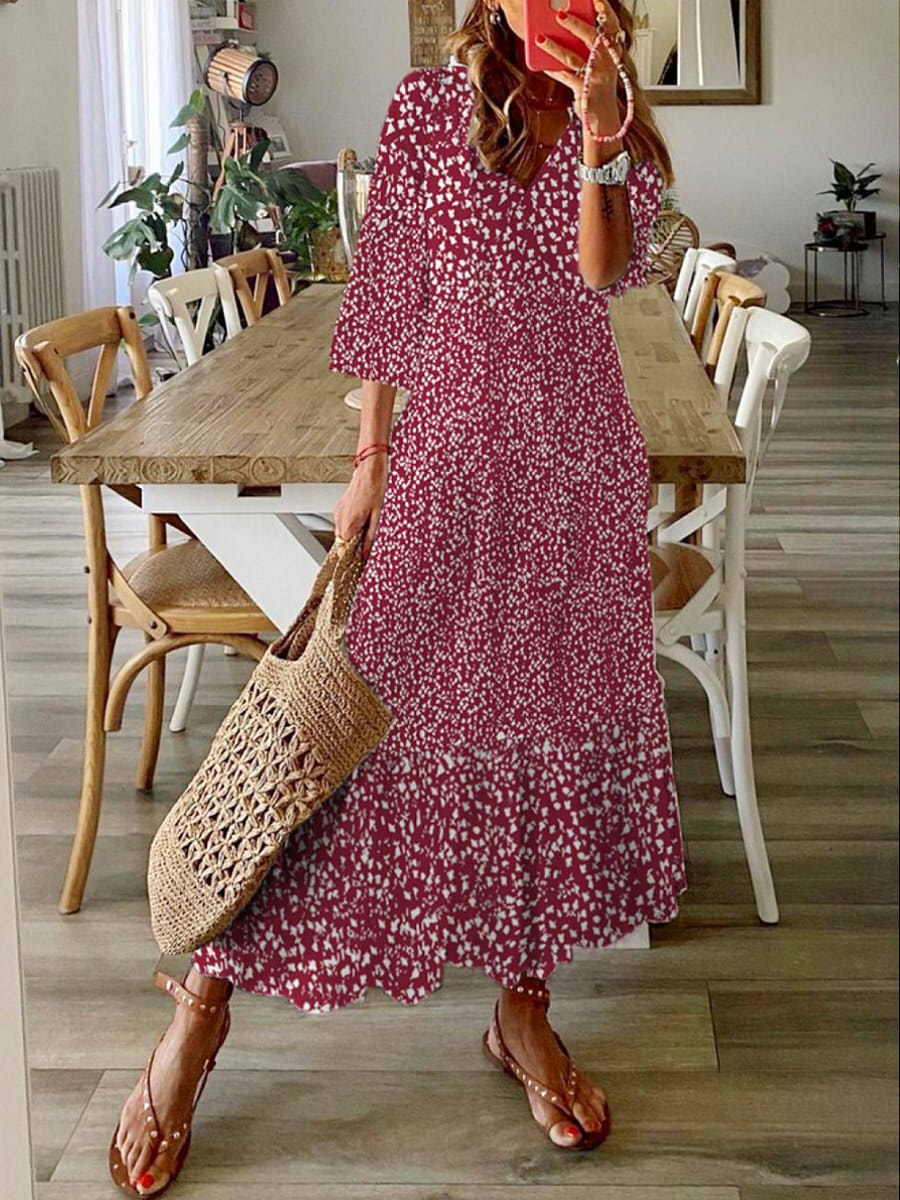 Loose Casual V Neck Half Sleeve Disty Floral Maxi Dress
