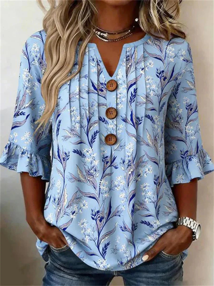 Vintage Floral Print V-neck 3/4 Sleeve Blouse