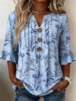 Vintage Floral Print V-neck 3/4 Sleeve Blouse