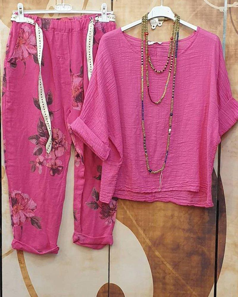 Blue Printed Comfortable Loose 3/4 Sleeve Two Piece Suit