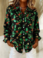 Women Christmas Vintage Shirt Shirt Collar Long Sleeve Top
