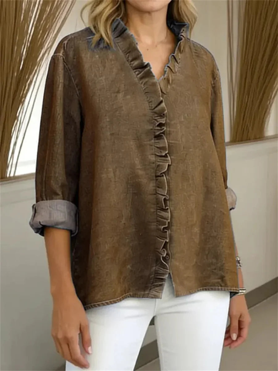 Women's V-neck Long Sleeve Casual Loose Blouse