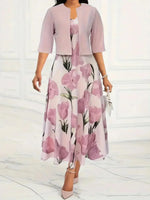 Tulip Print Dress with Light Pink Shrug Set