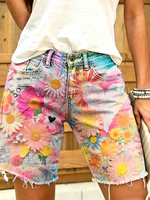 Women's Retro Daisy & Heart Collage Print Frayed Denim Bermuda Shorts