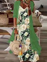 Casual Floral Wrap 3/4 Sleeve Two-Piece Maxi Dress