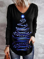 Black Casual V Neck Christmas Tree Printed Long Sleeve Blouse