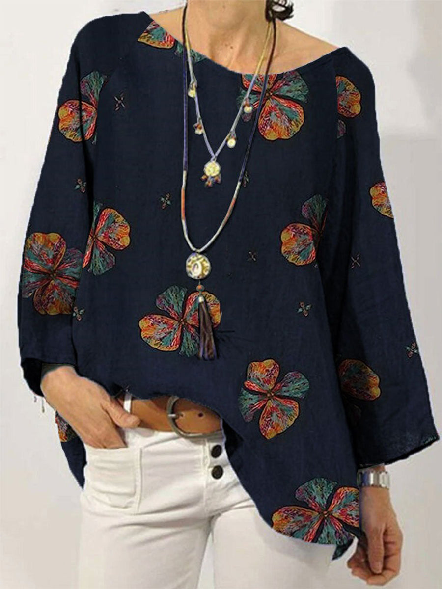 Colorful Floral Print Crew Neck Long Sleeve Blouse