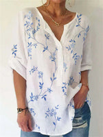 Women’s Blue Leaf Print V-neck Loose Fit Casual Blouse