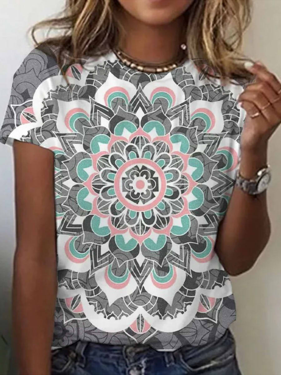 Casual Round Neck Short Sleeve Geometric Print T-shirt