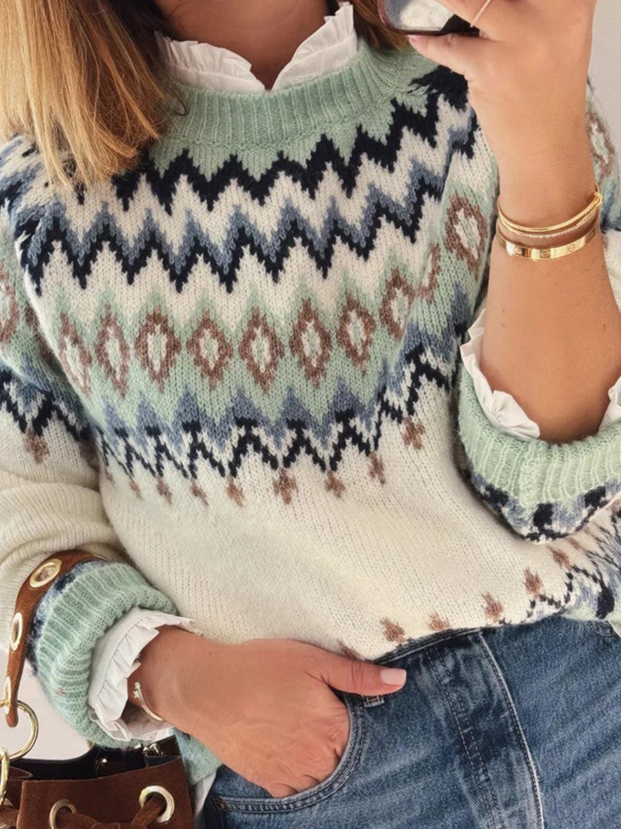 Green Round Neck Geometric Long Sleeve Sweater
