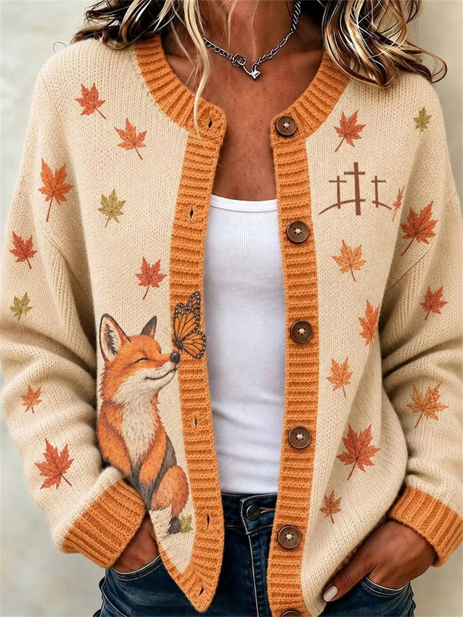 Women's Autumn Cute Fox Fall In Faith Pattern Long Sleeve Knit Cardigan