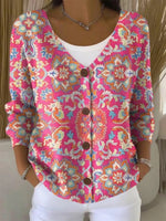 Ethnic Floral Print Buttoned V-neck Long Sleeve Daily Cardigan