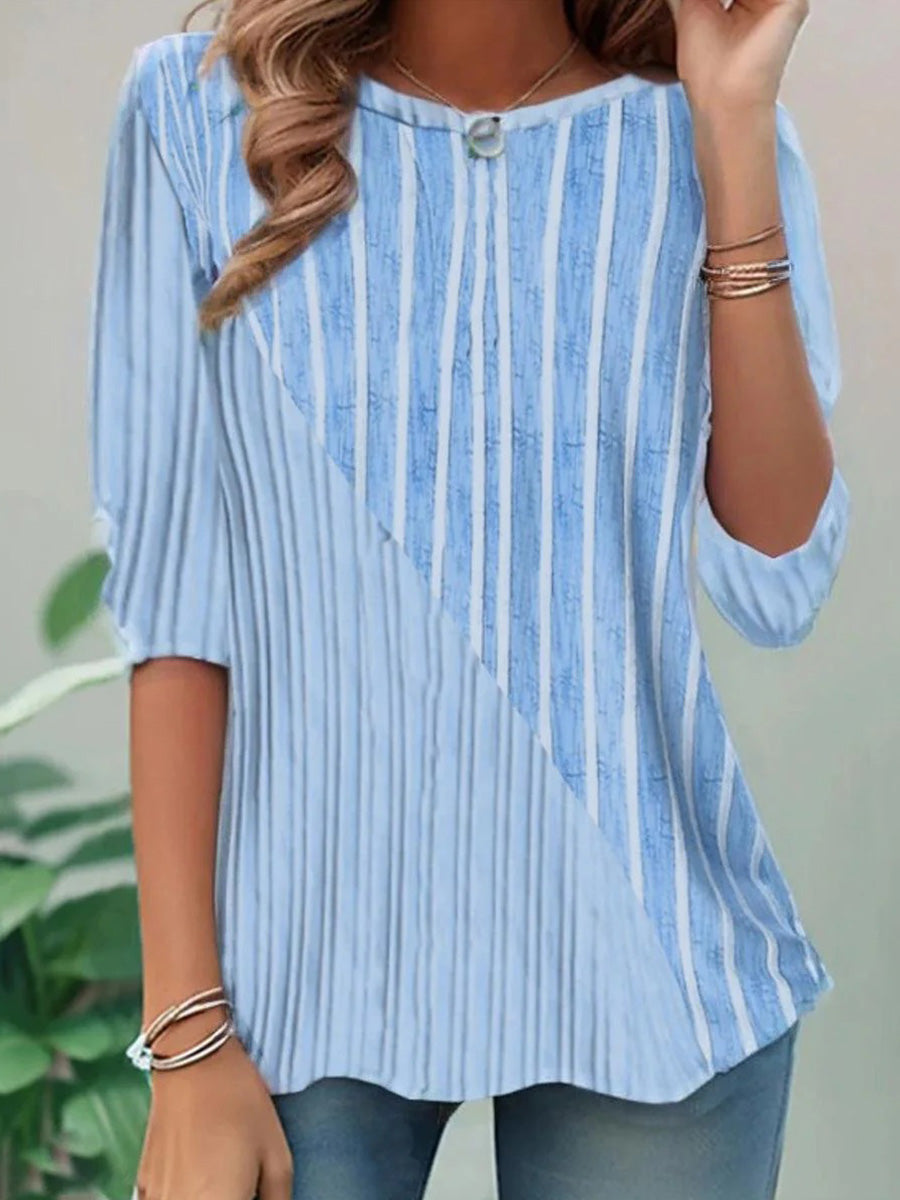 Unique Blue Striped Print Round Neck Half Sleeve Top