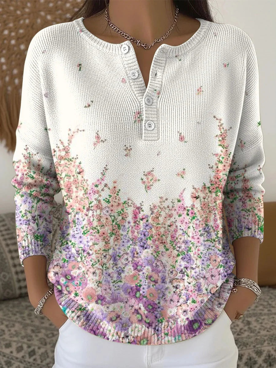 Women's Retro Floral Art Print Buttoned Long Sleeve Cardigan Sweater