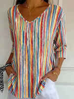 Casual Abstract Stripes V Neck 3/4 Sleeve T-shirt