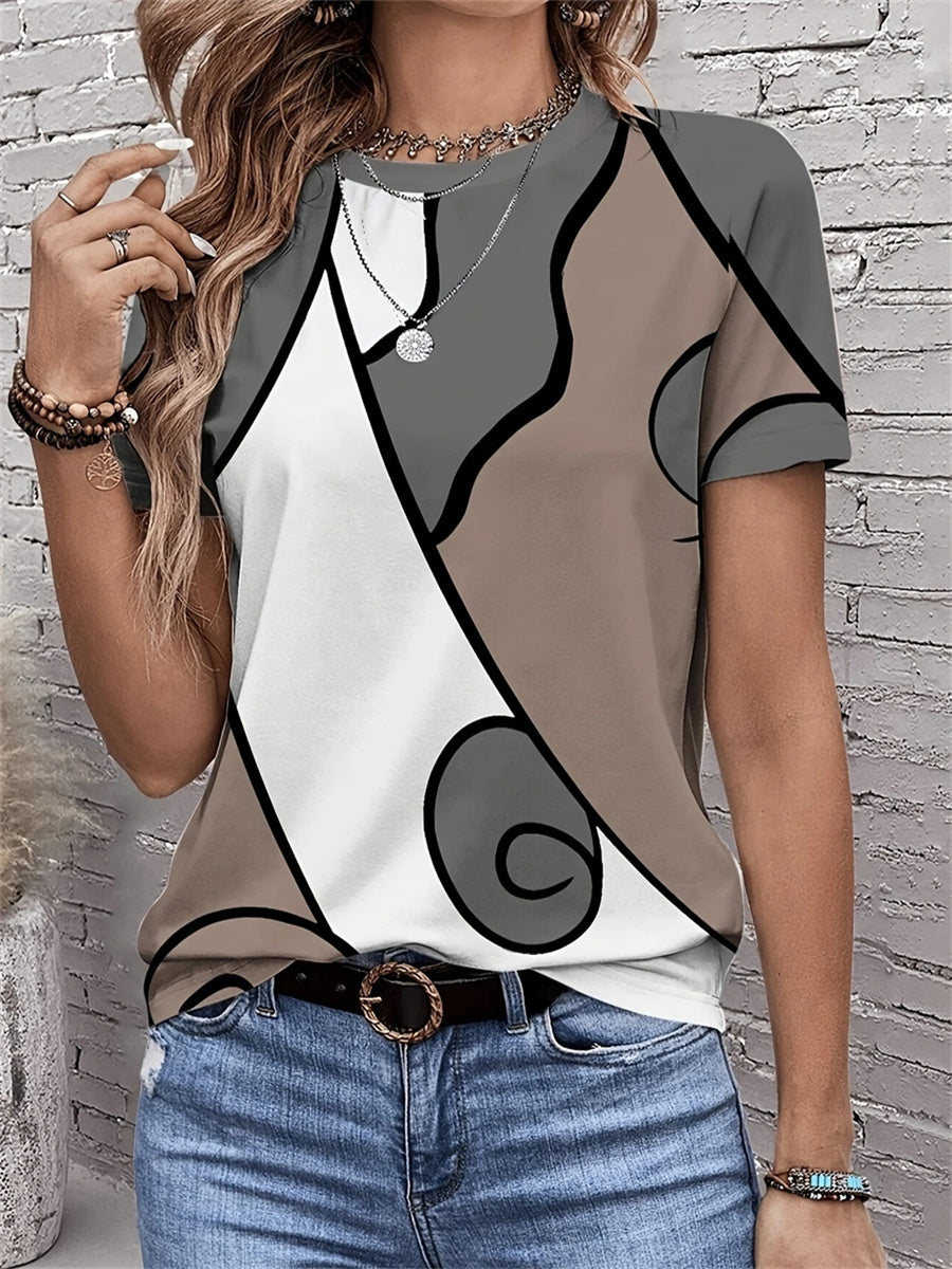Women Abstract Print Round Neck Short Sleeve T-shirt