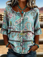 Vintage Casual Round Neck 3/4 Sleeve Blouse