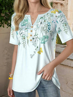 Casual Floral Print V-neck Short Sleeve Blouse