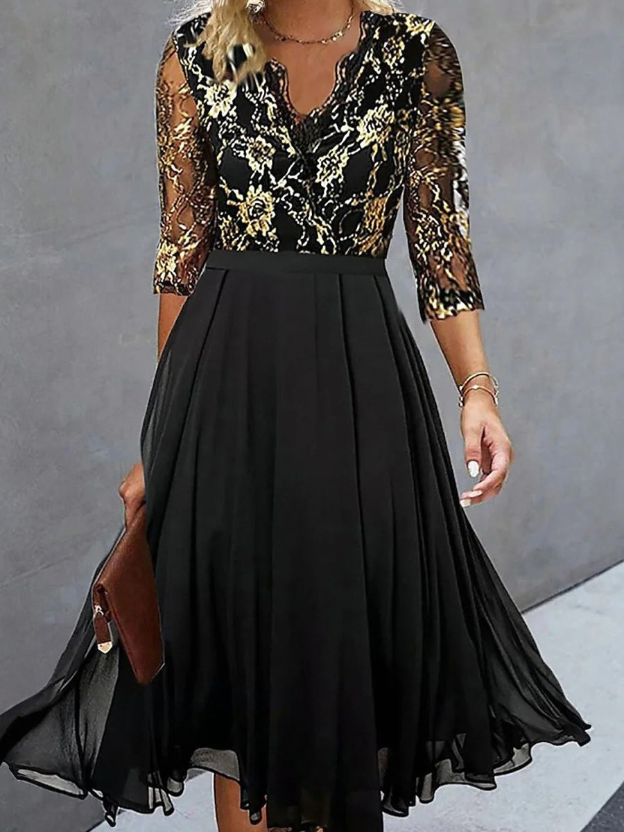 Groovy V-Neck 3/4 Sleeve Midi Dress