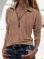 Shawl Collar Long Sleeve Plain Zipper Loose Blouse