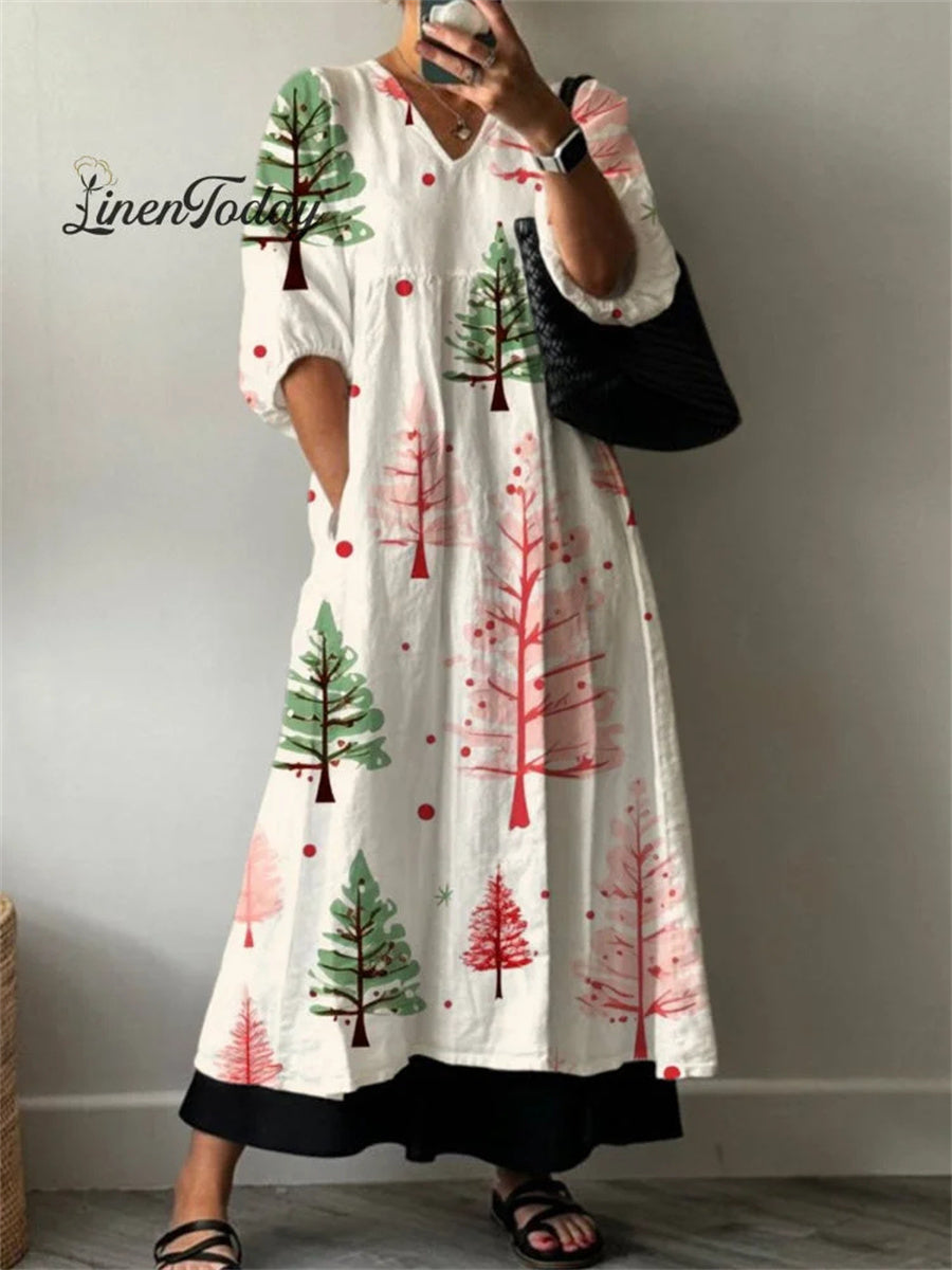 Women's Vintage Christmas Tree Print Pocket V-neck Half Sleeve Dress