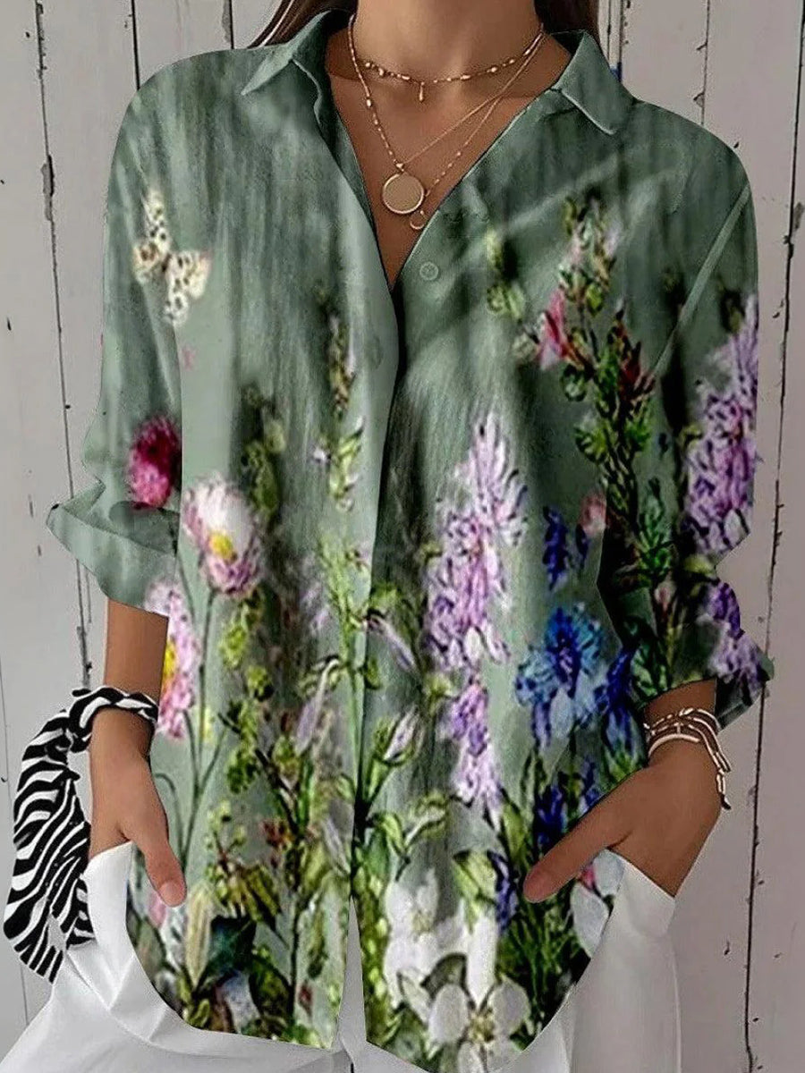 Fresh Green Collared Floral Print Long Sleeve Shirt