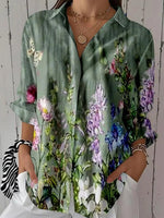 Fresh Green Collared Floral Print Long Sleeve Shirt