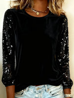 Black Velvet Sequin Printed Plain Long Sleeve Top
