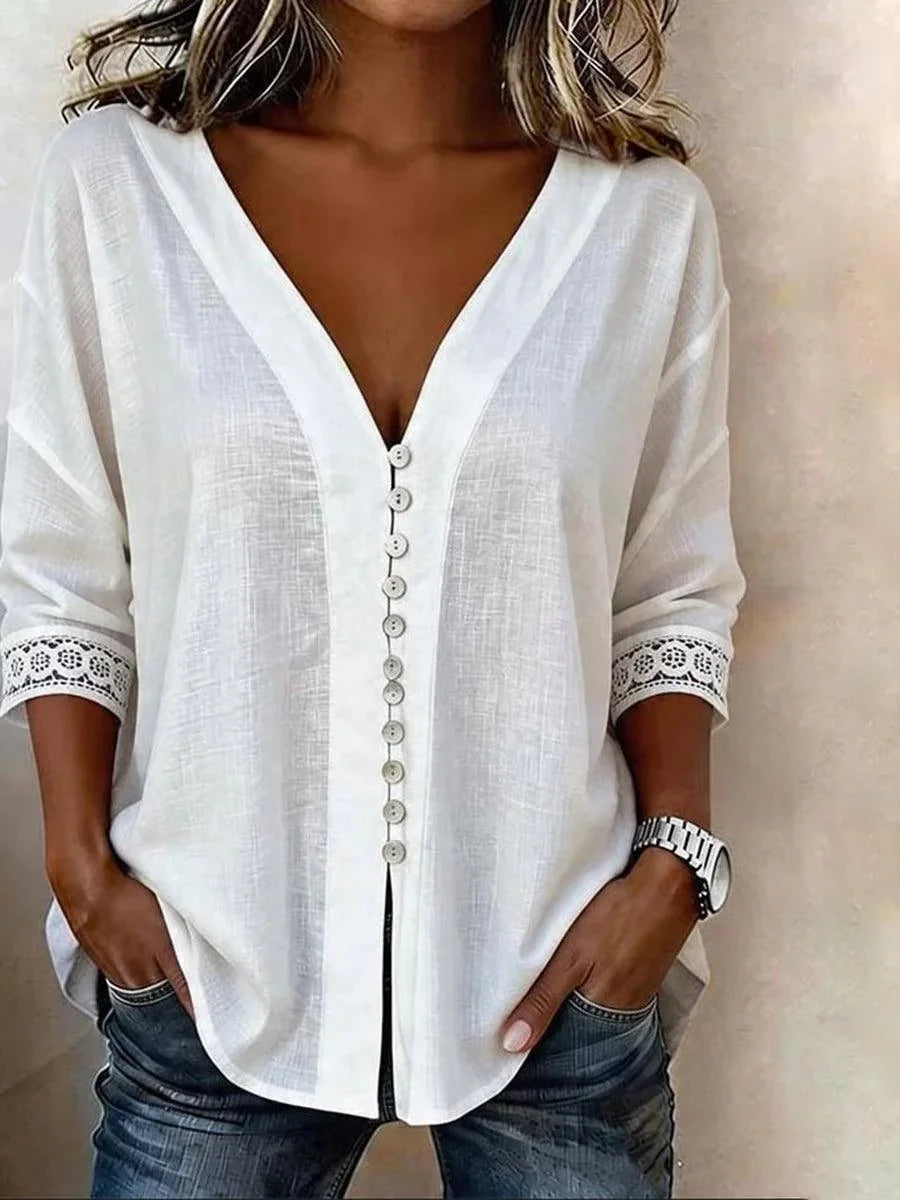 White Lace Trim V-Neck 3/4 Sleeve Button-Down Top