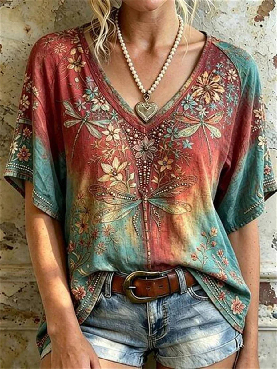 Vintage Floral Print V-neck Short Sleeve Blouse