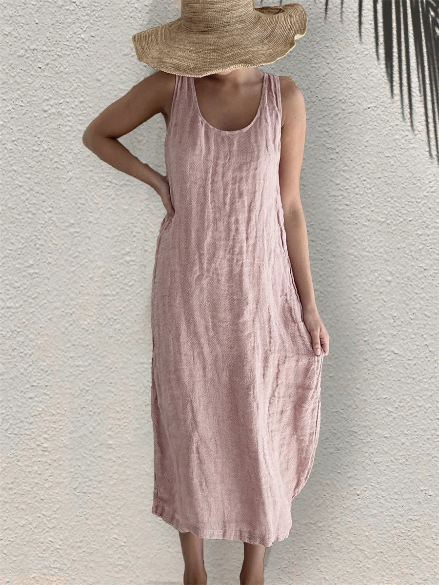 Plain Crew Neck Sleeveless Comfy Casual Midi Dress