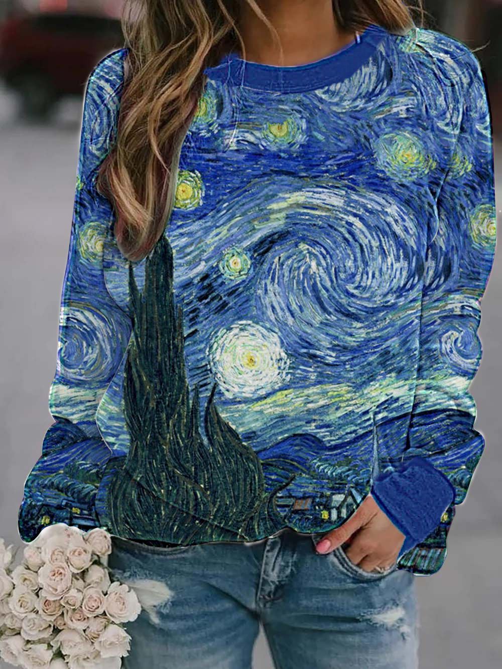 Multi Casual Graphic Tops Round Neck Long Sleeve Landscape Printed Sweatshirts