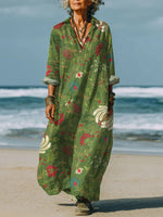 Women's Vintage Flower Art Print Long Sleeve Casual Dress