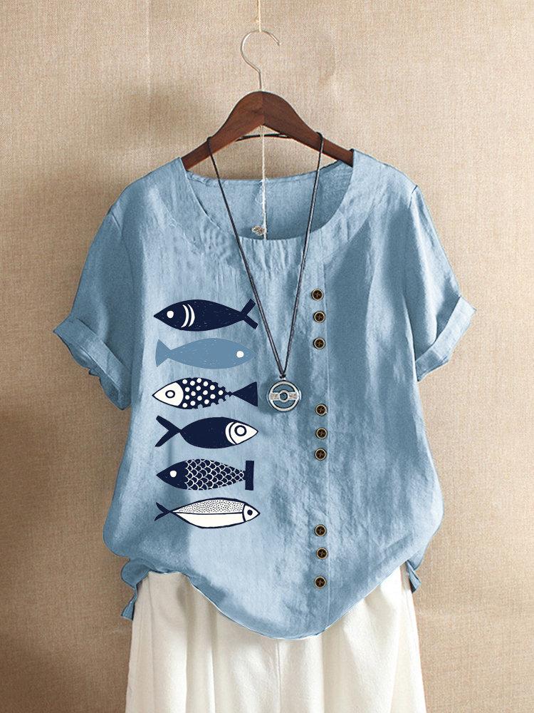 Button Cartoon Fish Print Short Sleeve Casual Blouse