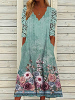 Green Casual V-neck Half Sleeve Floral Printed Hollow Out Dresses
