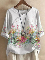 White Casual Round Neck Floral Printed Half Sleeve Blouse