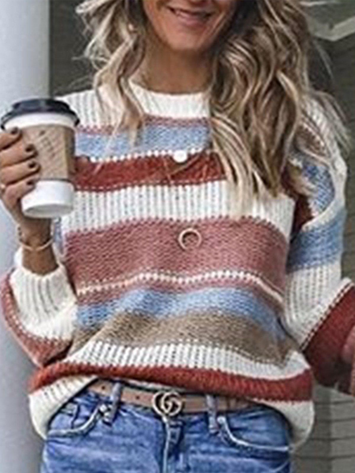 Multicolor Striped Round Neck Long Sleeve Sweater