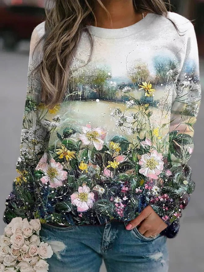 Multicolor Casual Round Neck Floral Printed Long Sleeve Sweatshirts