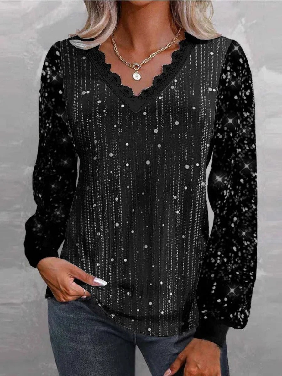 Casual Vintage Sequins V Neck Long Sleeve Loose Blouse