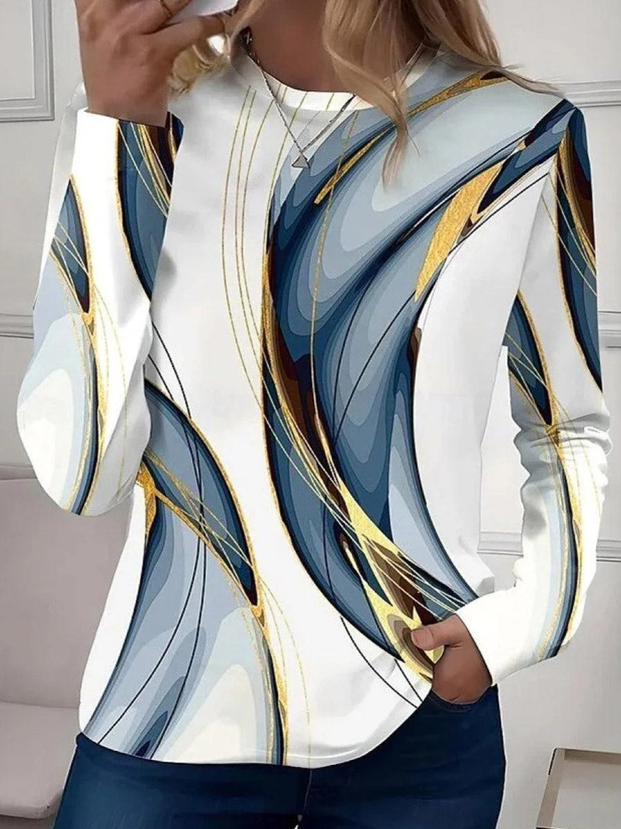 Stunning Geometric Print Round Neck Long Sleeve Top