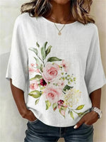 Vintage Floral Print Round Neck 3/4 Sleeve Blouse
