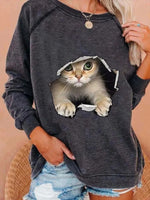 Deep Gray Casual Graphic Tops Round Neck Long Sleeve Cat Printed Sweatshirt