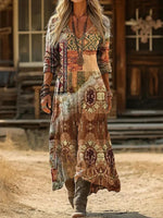 Vintage Ethnic Style V-neck Long Sleeve Dress