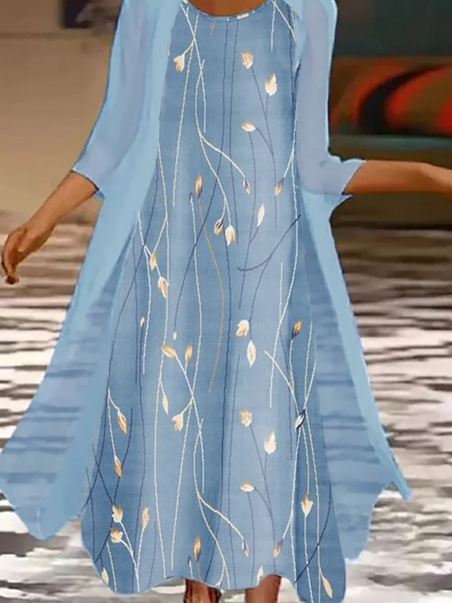 Women's Floral Print Layered Midi Dress with Outerwear