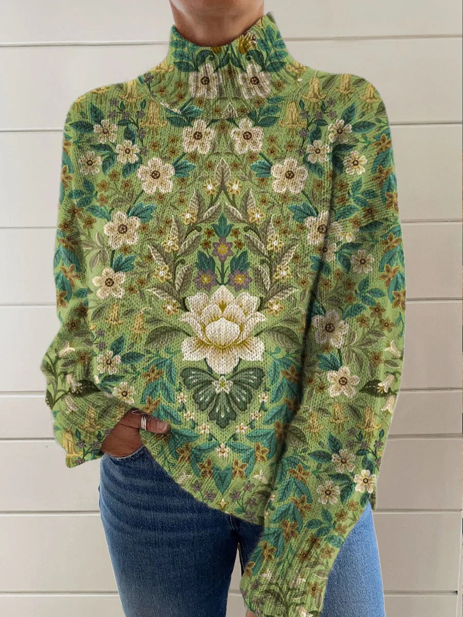 Women's Vintage Ethnic Art Flower Print Long Sleeve Pullover Sweater