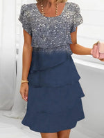 Blue Round Neck Short Sleeve Mini Dress